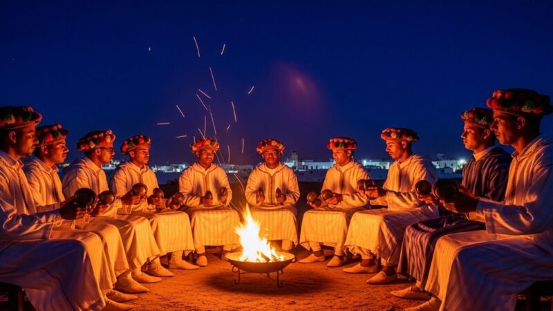 Gnawa musicians at the Essaouira World Music Festival in Morocco playing traditional spiritual music