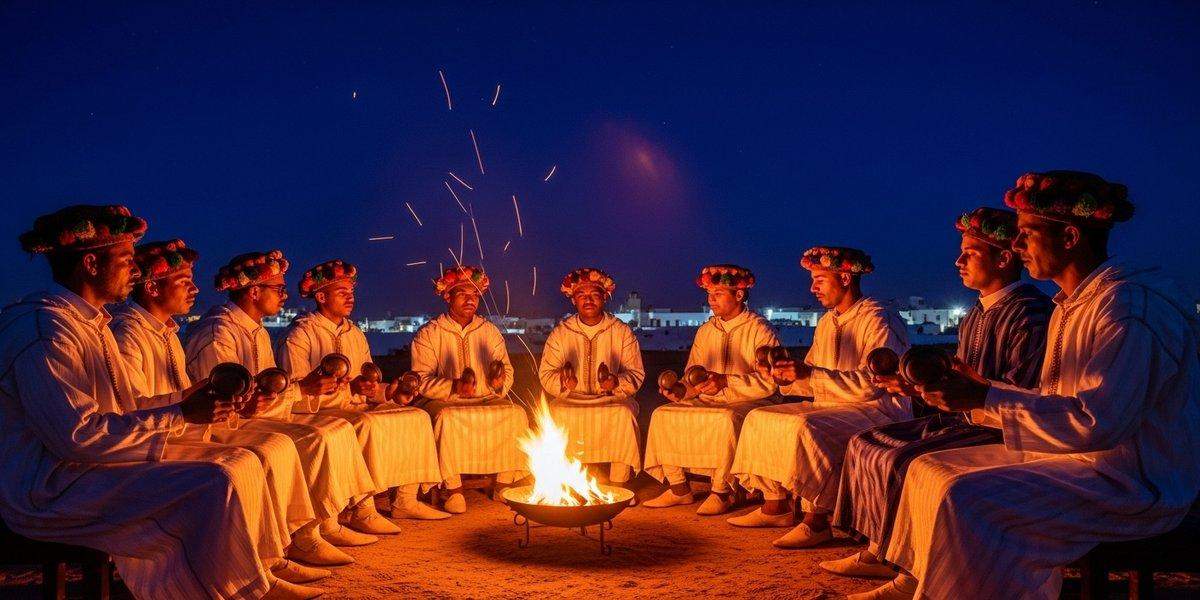 Gnawa musicians at the Essaouira World Music Festival in Morocco playing traditional spiritual music