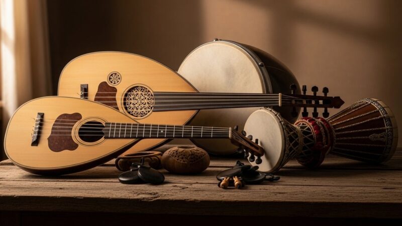 Six Mediterranean instruments — oud, bouzouki, guitarra portuguesa, qraqeb defining the sound
