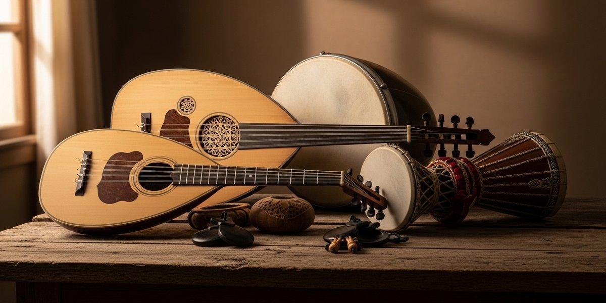 Six Mediterranean instruments — oud, bouzouki, guitarra portuguesa, qraqeb defining the sound